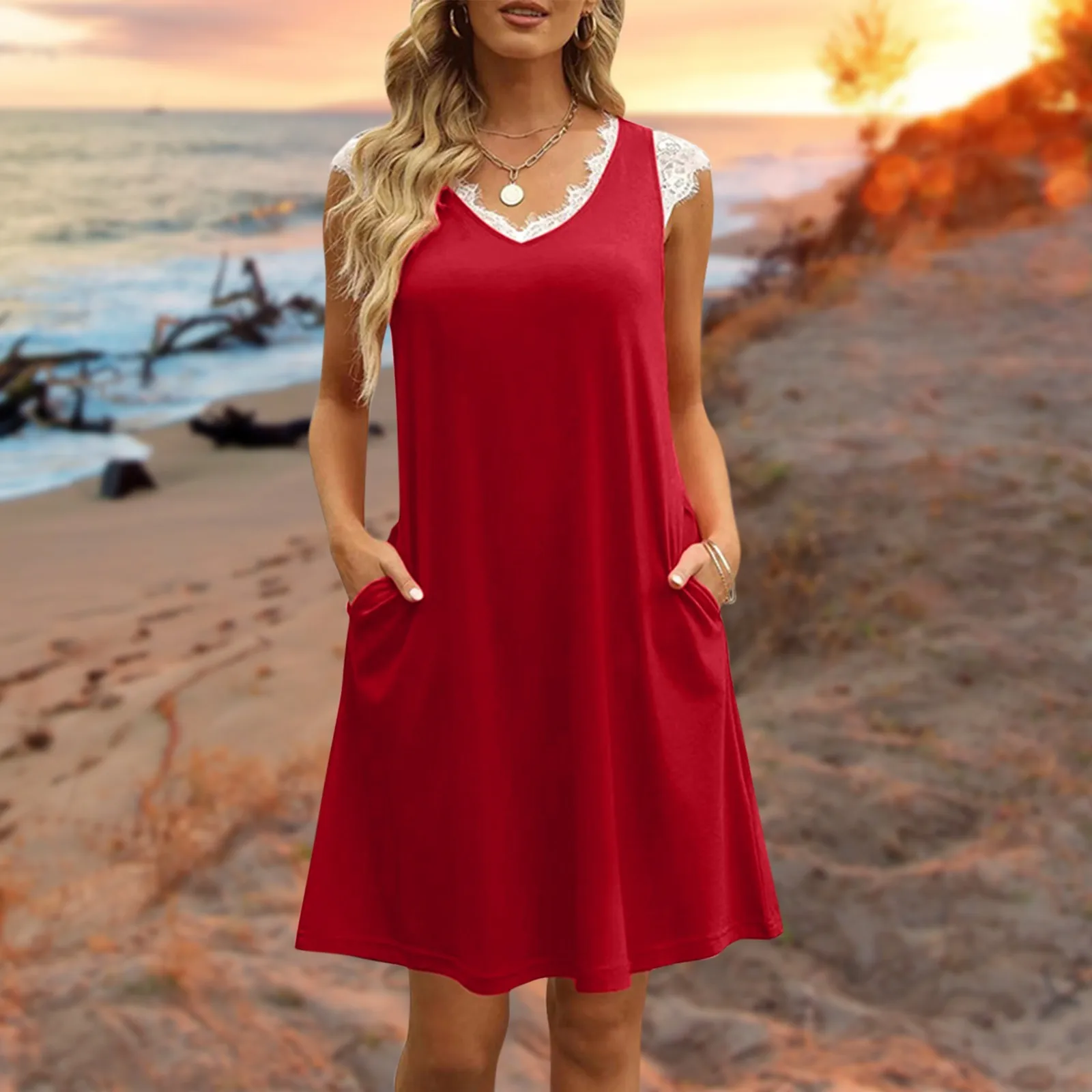 

Women Fashion V Neck Lace Stitching Eyelash Lace Solid Color Dress Women's Long Sleeve Sweater Dresses