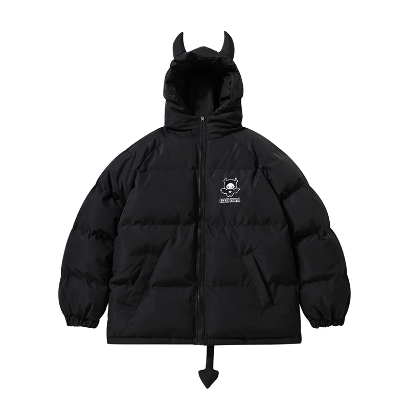 Зимние Утепленные парки для мужчин и женщин пуховик с дьявольским рогом хвостом