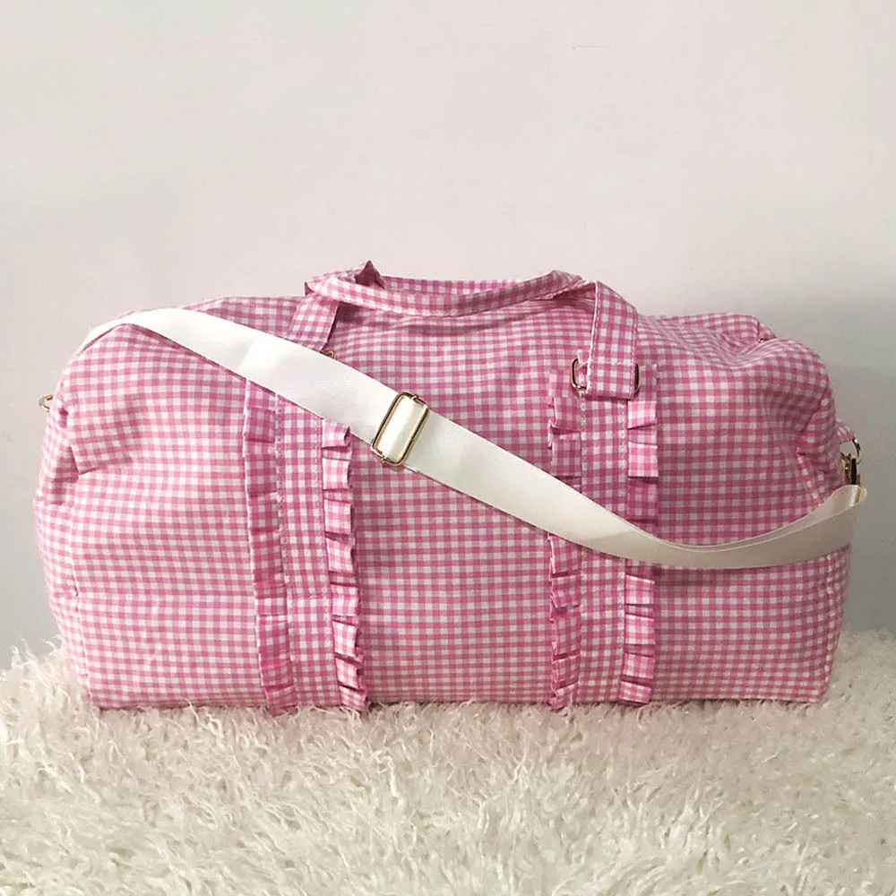 52CM Kids Ruffle Seersucker Duffel Bags Large Capacity Pink/Purple Plaid Gingham Travel Bag for Shcool Children Weekend Bag