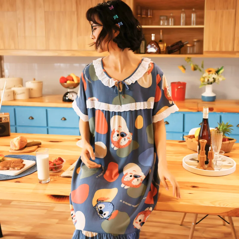 Summer Casual Loose Ruffle Long Nightgown Women 2021 Print Sexy Sleepdress Cartoon Lace Homewear Short Sleeve O-neck Sleepshirts