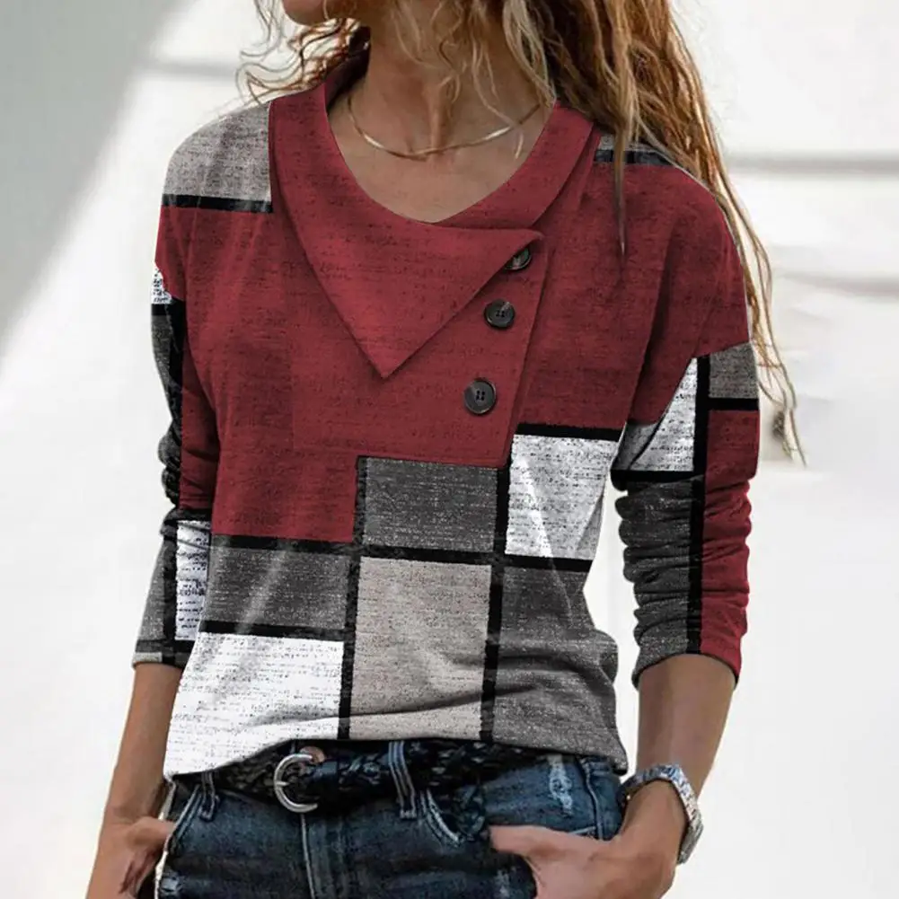 

Pullover Top Comfortable Autumn T-shirt Cross V Neck Spring Autumn Vintage Geometric Plaid Print Women T-shirt Workwear