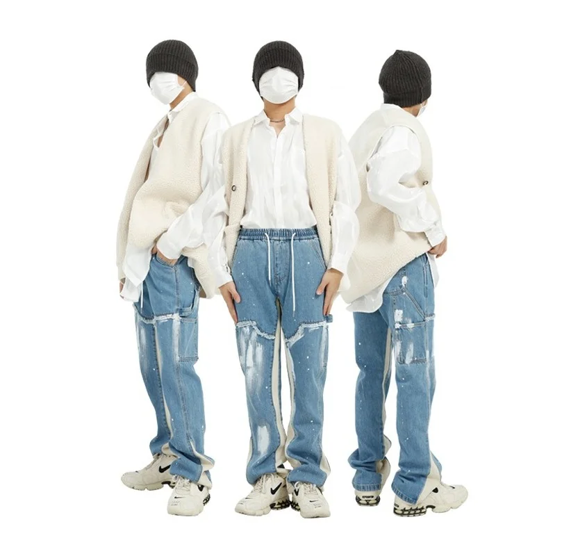 

Джинсы мужские потертые с цветными блоками, уличная одежда на шнурке, Свободные повседневные брюки из денима с боковой лентой в стиле хип-хо...