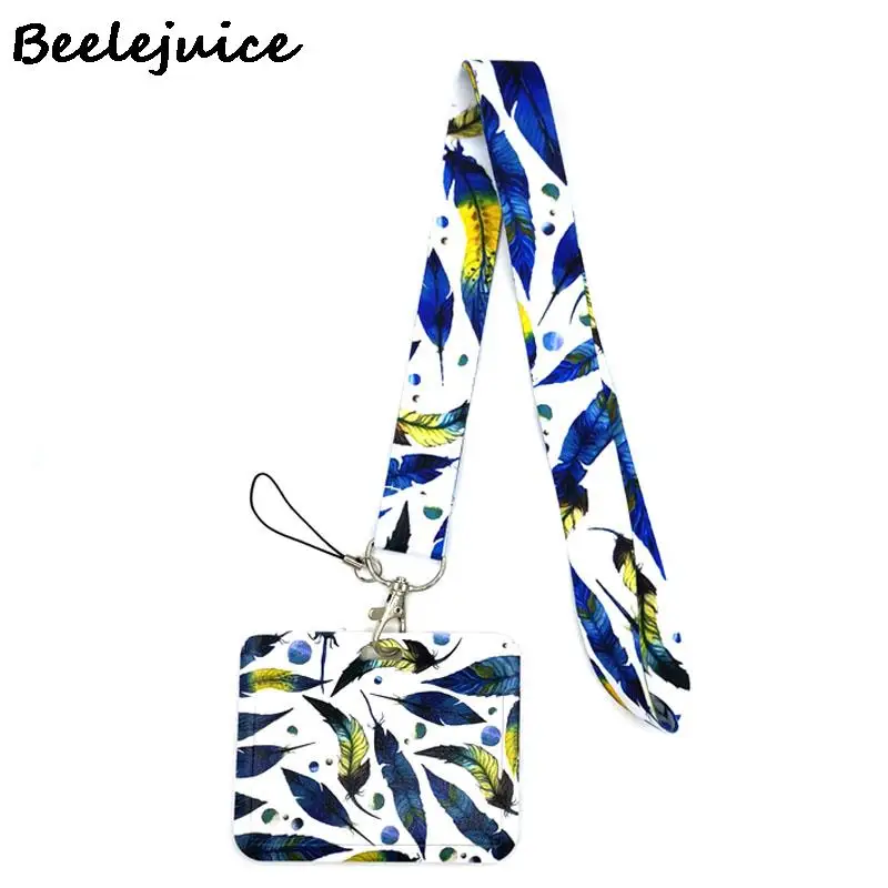 

Blue Starry Sky Feathers Leaves Lanyard Credit Card ID Holder Bag Student Women Travel Card Cover Badge Car Keychain Decorations