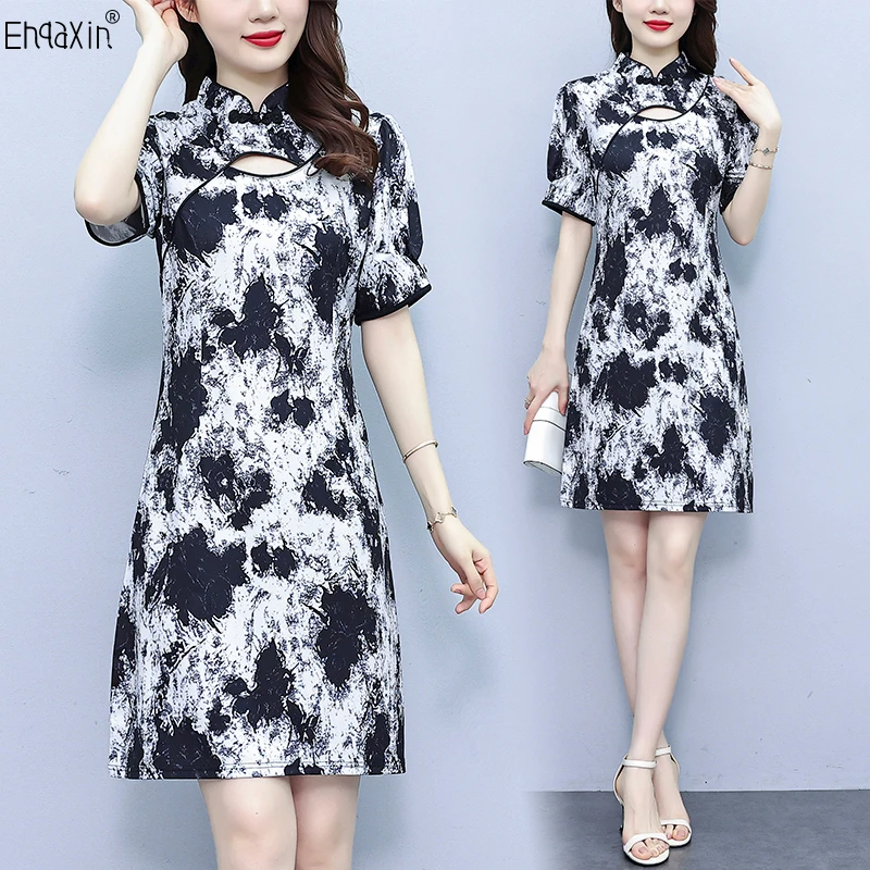 EHQAXIN New Women's Cheongsam Dress Fashion 2023 Summer Elegant Chinese Style Lnk Printing Romantic Short Sleeve Dresses L-5XL