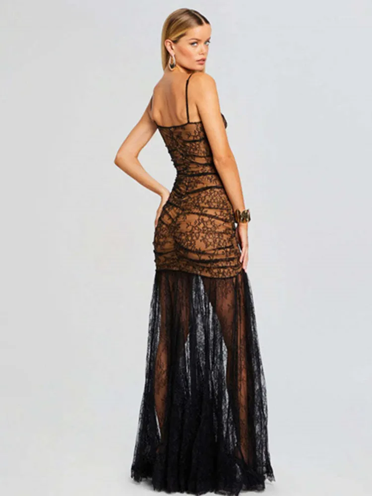 Женское сексуальное черное сетчатое платье без рукавов с рюшами и кружевное