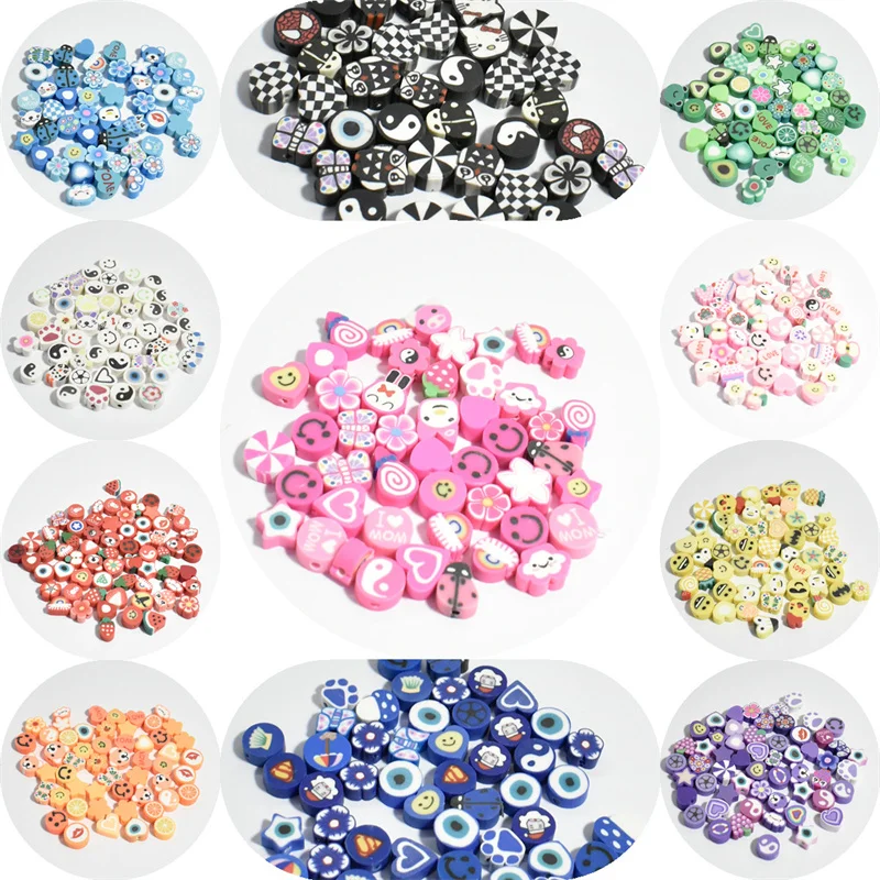 

45Styles30/50pcs10mm Polymer Clay Beads Heart Spacer Smiley Beads for Jewelry Making DIY Handmade Bracelet Necklace Accessories