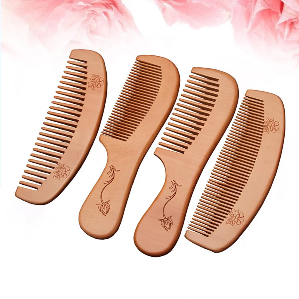 

4pcs Peach Wooden Combs Carved Pocket Wood Comb Anti-static Massage Combs (Handle Fine Serration + Handle Wide Serration + Moon