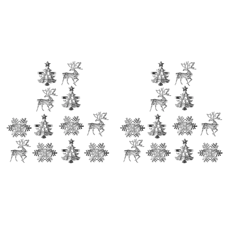 

24X Christmas Napkin Holder, Elk Snowflake Xmas Tree Napkin Ring For Winter Holiday Dinner And Christmas Decorations