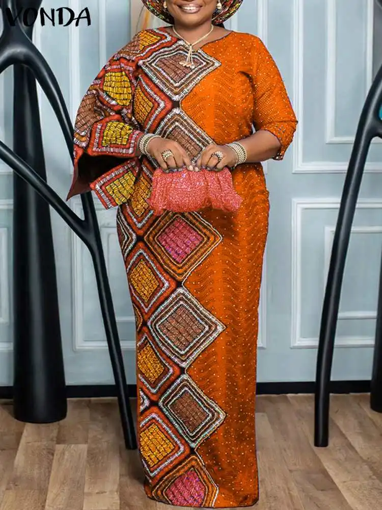 Женское длинное платье-макси с принтом V-образным вырезом и Расклешенным рукавом