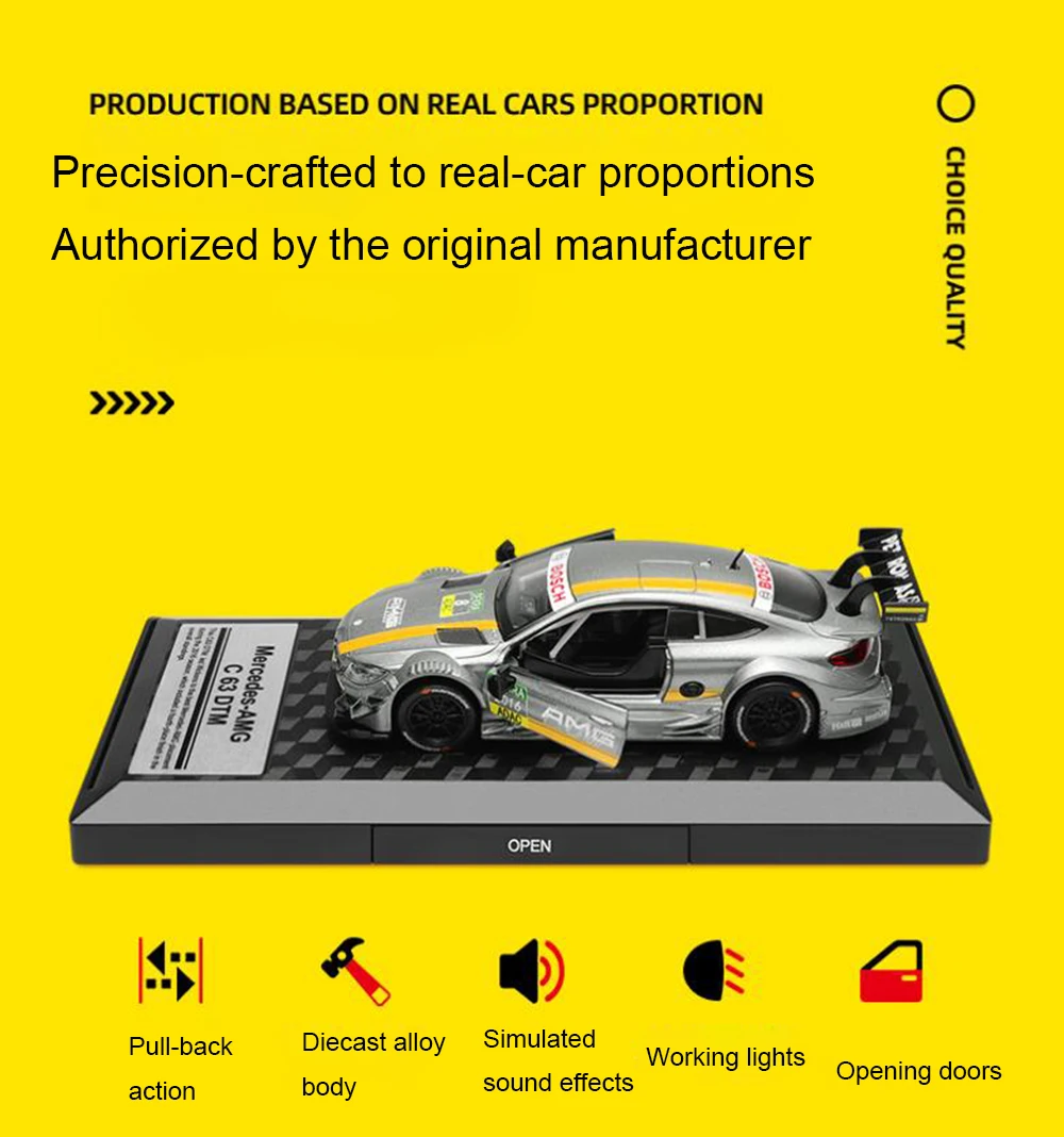 Фото Модель автомобиля CCA 1:32 из литого металла: Mercedes-AMG C63 DTM, BMW M4 GT3, Audi RS5 DTM. Игрушечный автомобиль с функцией обратного хода, металлический корпус, с подставкой для демонстрации, коллекционная модель. №5