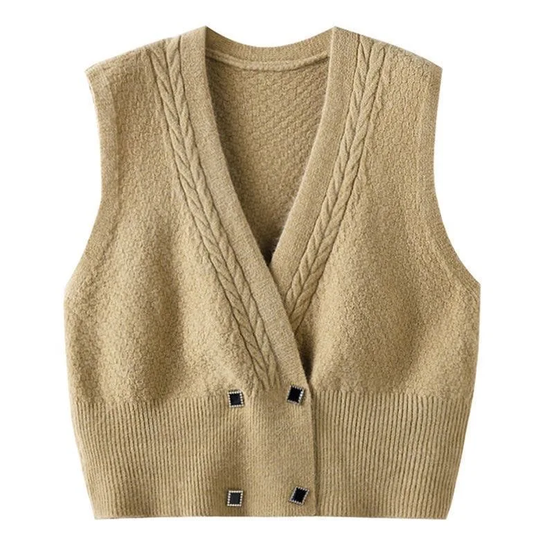 Новый осенне-зимний двубортный вязаный кардиган жилет женский дизайн однотонный