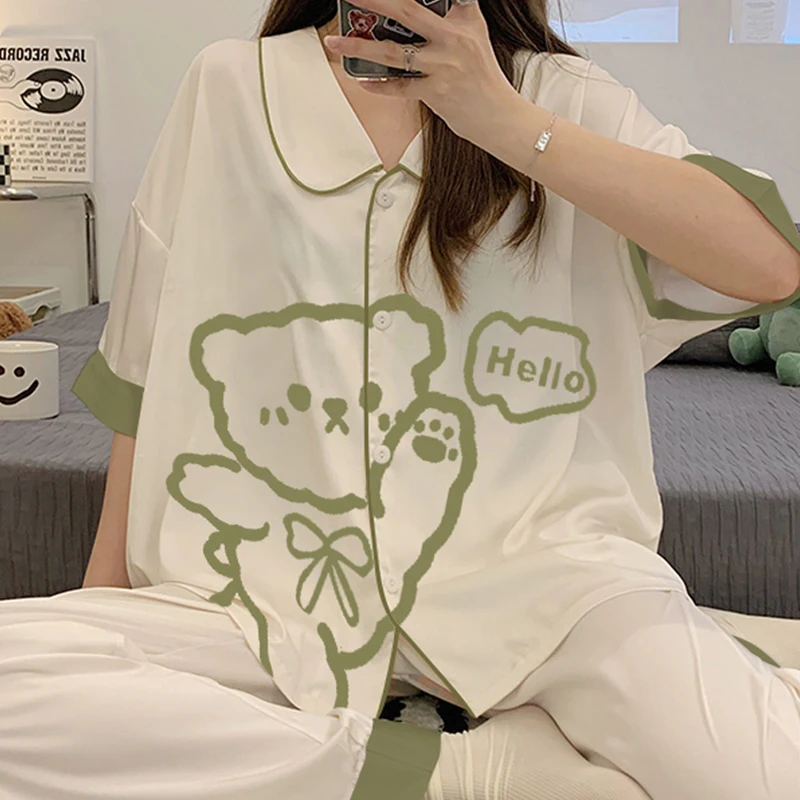 New Women's Pajamas Three-piece Set Spring and Summer Style Ice Silk Thin Style Short Sleeve Cute Home Clothes Free Shipping