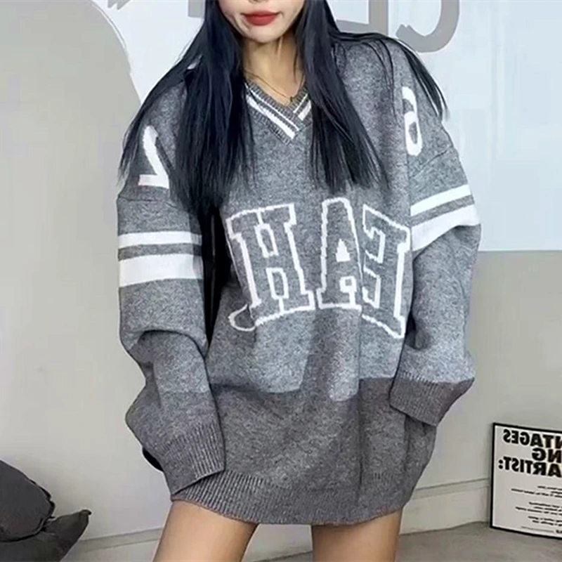 

Women Streetwear V-neck Loose Oversized Gray Sweater Korean Brand Letter Embroidery Knitwear Pullover Thick Warm Winter Clothes