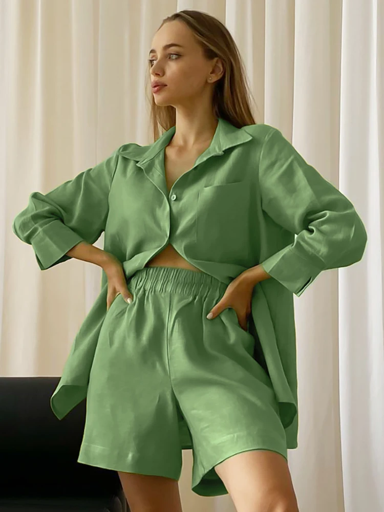 

Пижама женская хлопковая свободного покроя с длинным рукавом и шортами