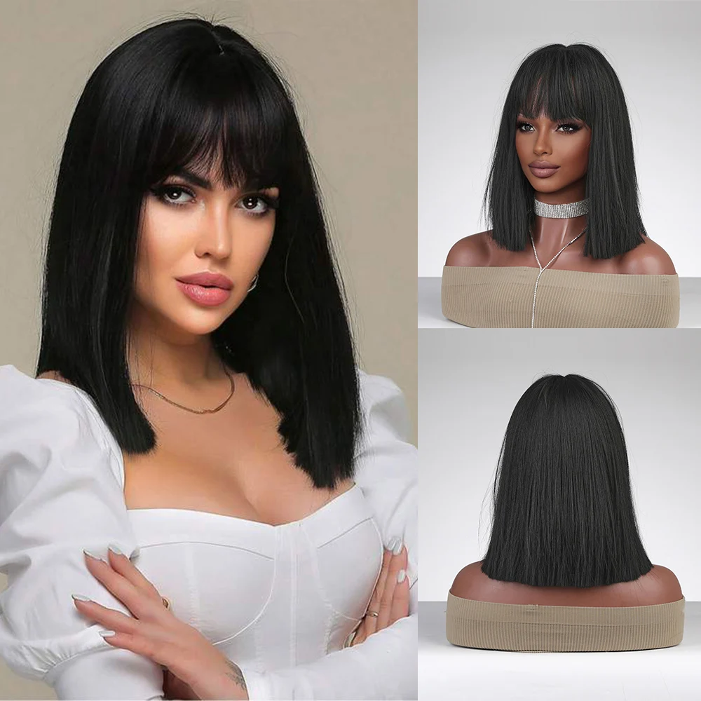 

Short Black Synthetic Wigs for Women Straight Bob Wig with Bang Natural Hair Lolita Cosplay Party Heat Resistant Fake Hair Wigs