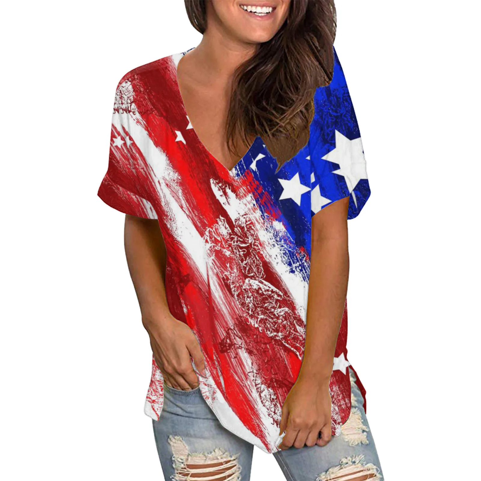 

Женская летняя футболка с коротким рукавом и V-образным вырезом, Размеры 11