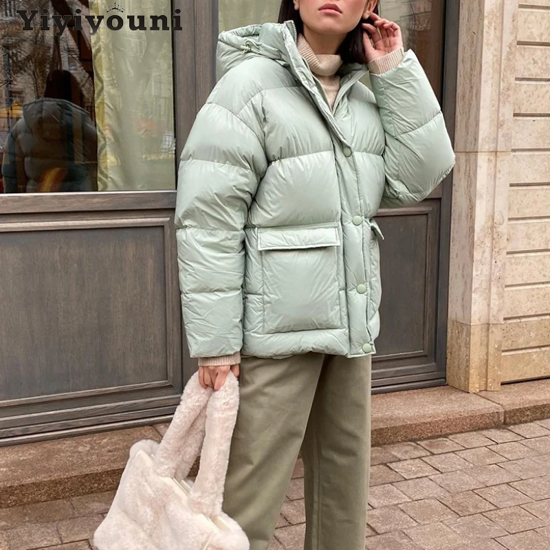 Yiyiyouni Hooded Thicken Bubble Coat Women Autumn Winter Cotton Liner Puffer Jacket Female Padded Parkas Solid Pockets Outerwear