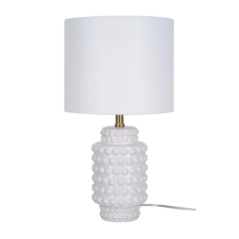 

Fantastically Stylish White Finished Ceramic Table Lamp with Intricate Hob-Nail Detailing and Chic Brass Accents, 128 characters