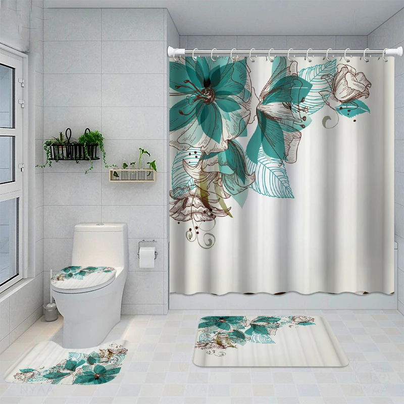 Waterproof Bathroom Shower Curtain Flower Toilet Cover Non-Slip Bath Mat Rug Carpet Set Polyester Fabric Washable Home Decor