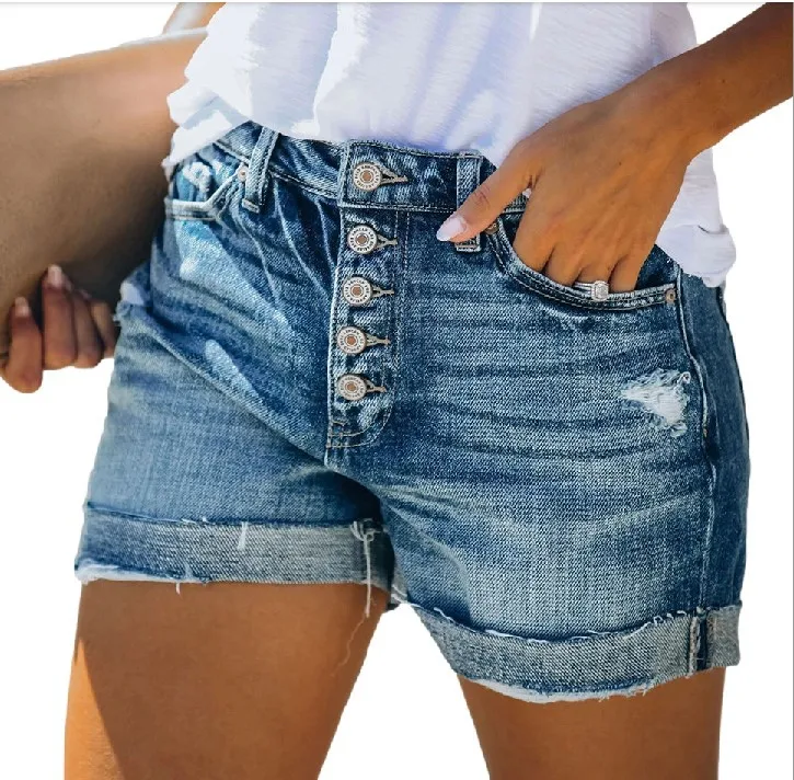 

New Hot Selling Fashion Women's High Waist Curled and Perforated Popular Denim Shorts Spring/summer 2023