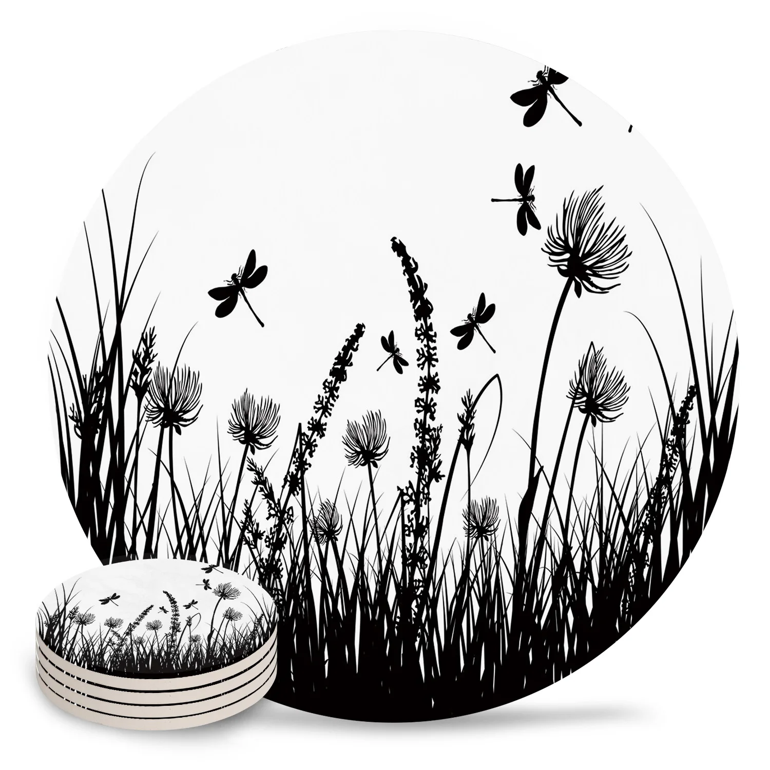 Подставки с черными цветами травой стрекозой керамический набор круглые