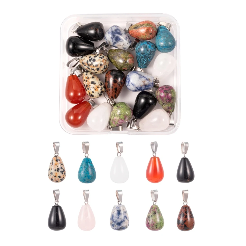 

4Boxes 20pcs/Lots 10 Style Natural Gemstone Pendants with Platinum Tone Brass Findings Teardrop 10pcs/Lots/style