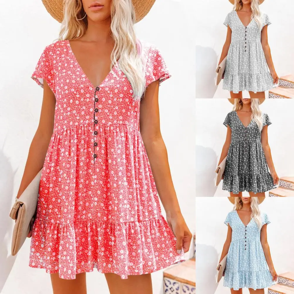 

Beach Dress Floral Print Ruffles Summer Loose-fitting Buttons Dress for Party