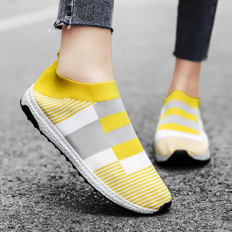 

Plus Size Summer Slip- on Sneakers Sock Woman Yellow Sports Shoes Tennis for Running Shoes Sport Women Knit Flat Female A-1482