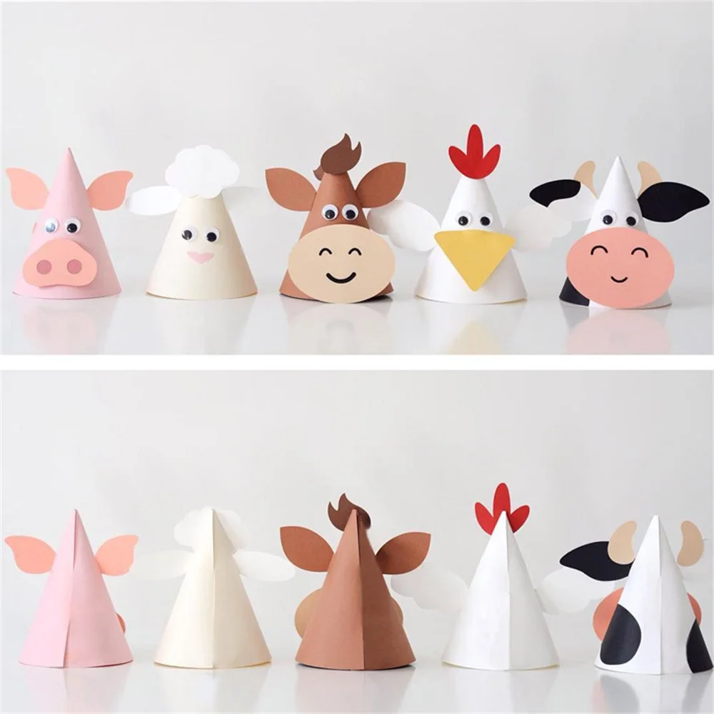 

5pcs Kids Birthday Party Hats Zodiac Ox Cow Cone Hats Farm Animals Cone Hats DIY Photo Props for Kids Baby Shower Supplies