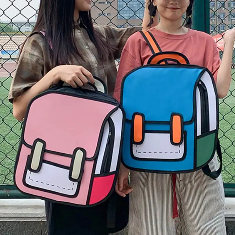 For Creative Women 2D Drawing Backpack Cartoon School Bag Bookbag Comic for Teenager Girls