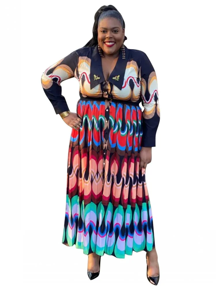 

Plus Size Long Shirt Dress Women High Waist Turn Down Collar Robe 2022 Fashion New Print Oversize Streetwear Maxi Dress Vestidos