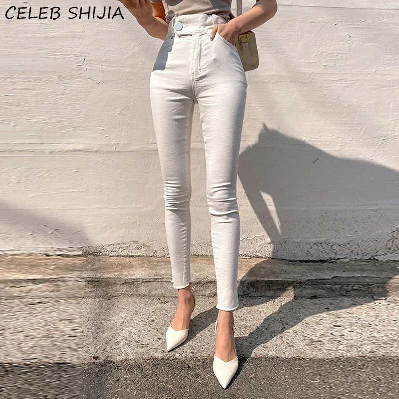 

Белые облегающие джинсы для женщин 2021 с высокой талией, винтажная уличная одежда, джинсовые брюки-карандаш, женские корейские шикарные джинсы Y2k, женские сексуальные