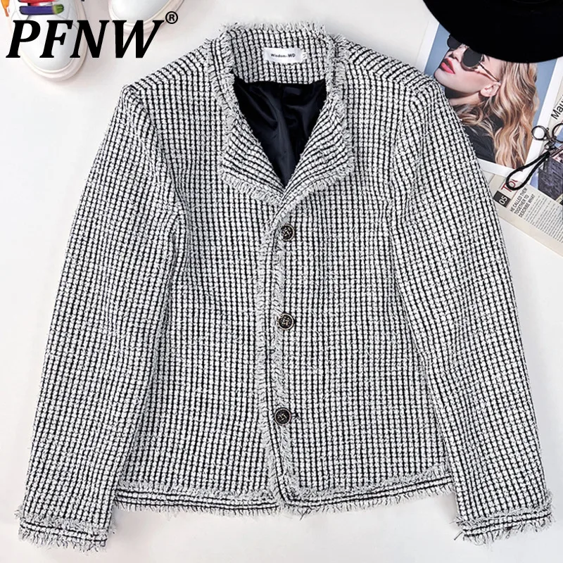 

PFNW Vintage Tassel Jackets Men's Tweed Korean Fashion Coats Autumn Niche Design Male Casual Neck Less Trendy 2023 New 28W1416