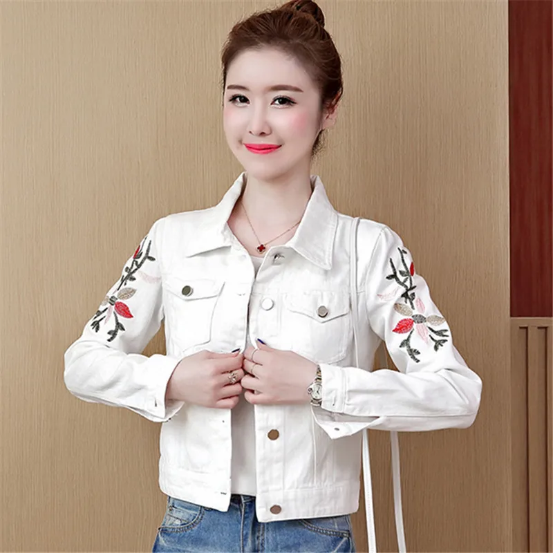 

White Red Denim Jacket Coat Women Korean Style Long Sleeve Slim Cowboy Outerwear Flowers Embroidery Short Jeans Jackets Female