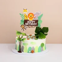 wild amimals cake topper safari jungle animal cake flag palm leaves boy girl birthday party decoration kid forest party supplies