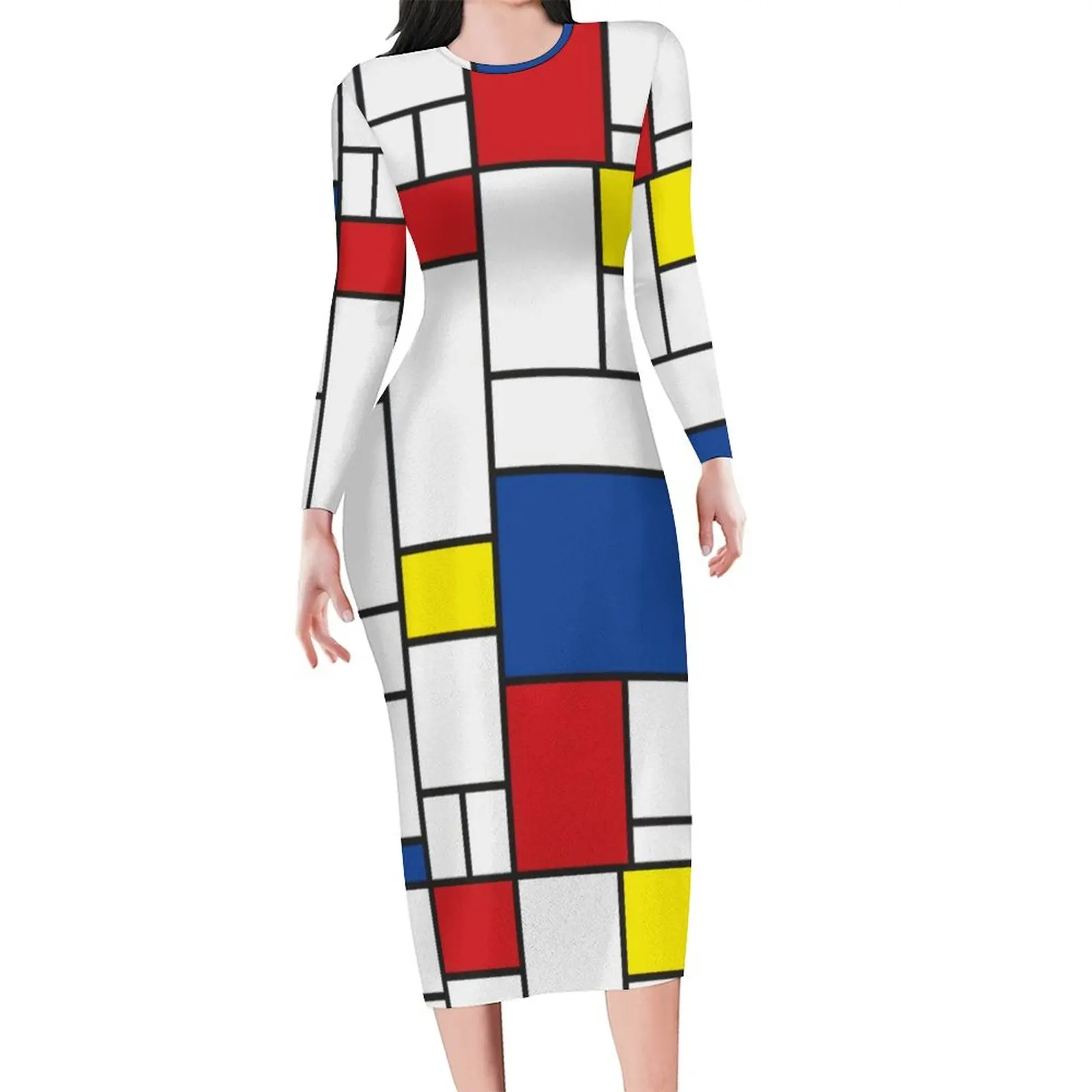 

Mondrian Geometry Bodycon Dress Spring Modern Art Elegant Dresses Womens Long Sleeve Custom Aesthetic Dress Large Size 5XL 6XL