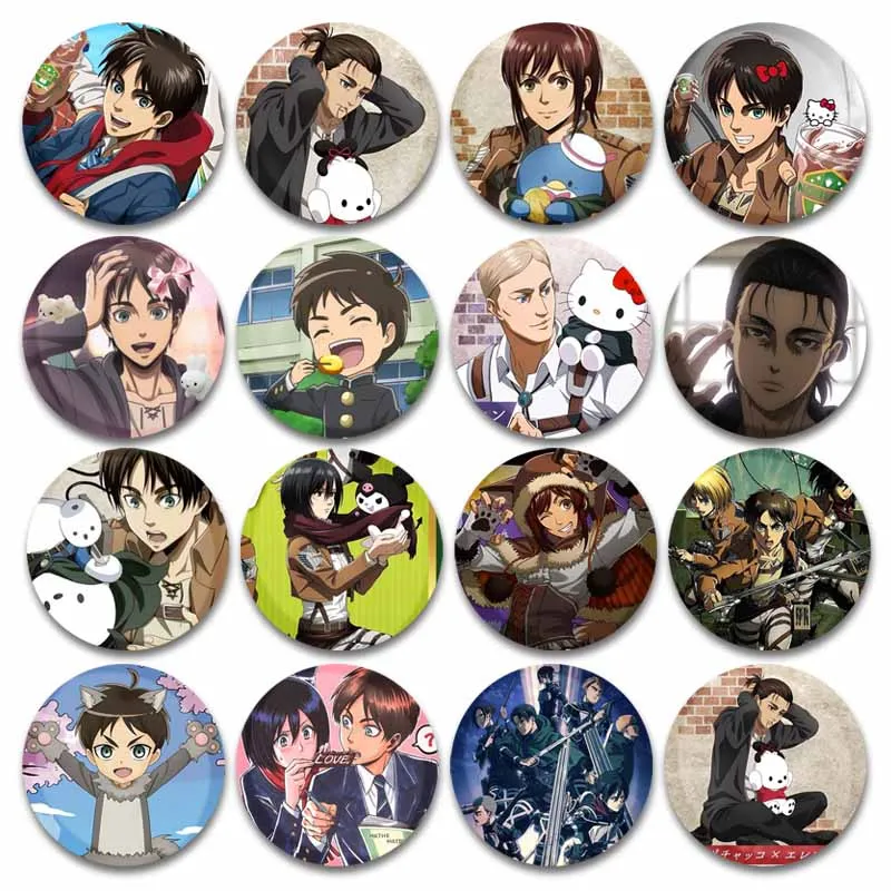 Attack on Titan Icons Enamel Pins Eren Mikasa Armin Levi Erwin Badge Round Snap-in Brooch Cartoon Jewelry Gift for Fans Friends