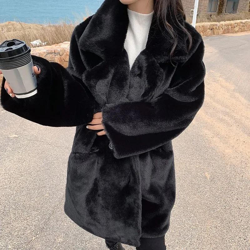 white Women Winter Warm Faux Fur Coats Jackets Elegant Black White Female Pockets Coats Casual Street Lady Thick Outwears