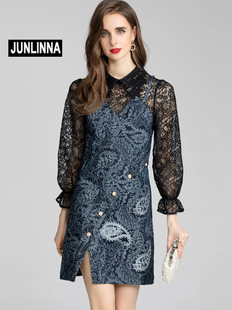 

JUNLINNA Summer Fashion Women Dress Fake 2 in 1 Jeans Lace Patchwork High Street Elegant Vestidos Embroidery Princess