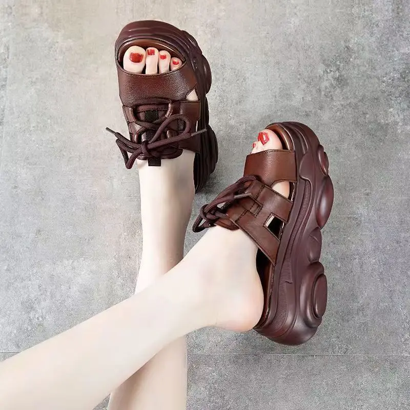 

New Summer Black Women Leather Retro Sandals Cool Boots Platform Shoes Wedges Sandals Women Shoes Fashion Outdoor Sandals