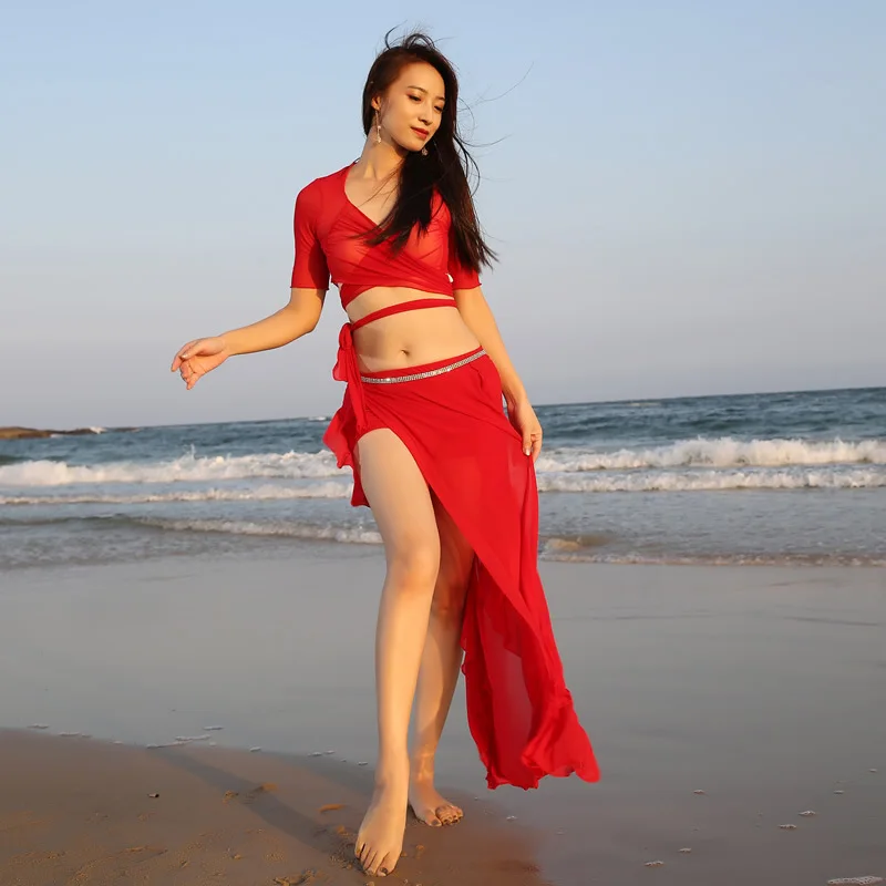 

belly dance costume 2021 Women Oriental Practice Wear Professional Bellydance Top Solid Color Split Long Skirt Set Outfit Clothe