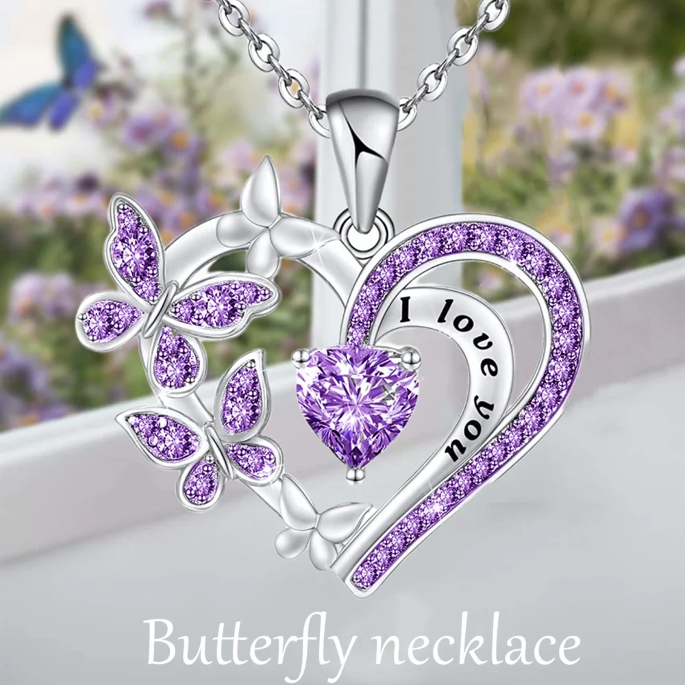 

Fashion Love Heart Butterfly Necklace Exquisite Amethyst Necklace for Women Wedding Valentine's Day Birthday Party Gift Jewelry