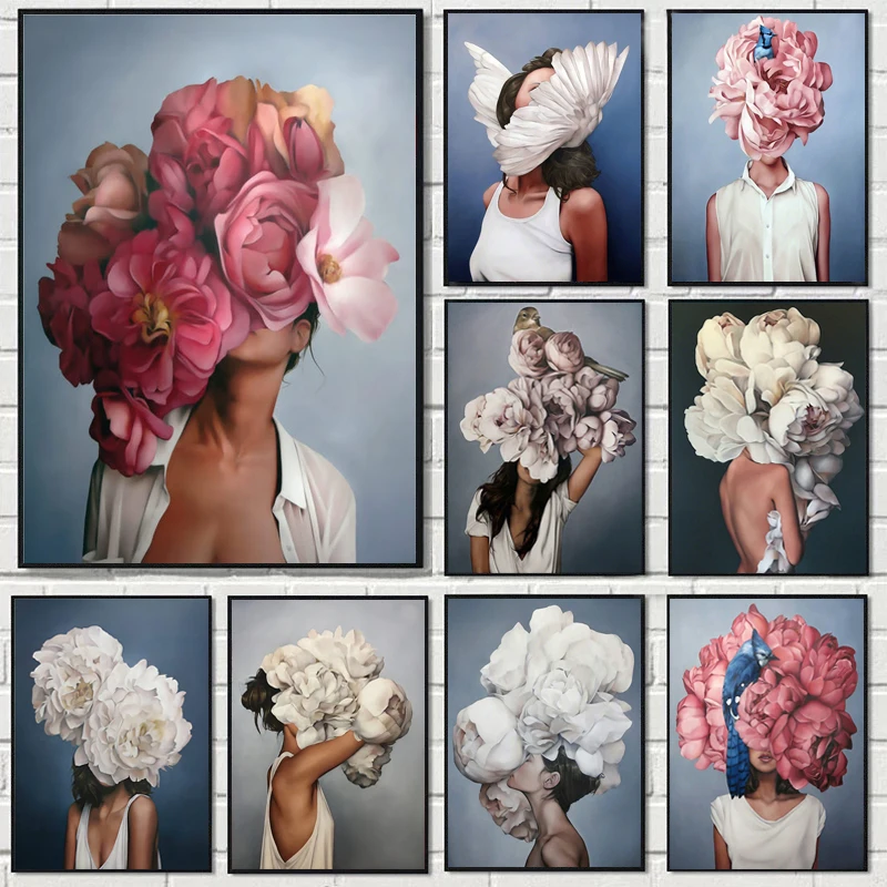 

Modern Figure Lady Head Flower Picture Prints Nordic Canvas Painting Abstract Wall Art Posters Bedroom Living Room Home Decor
