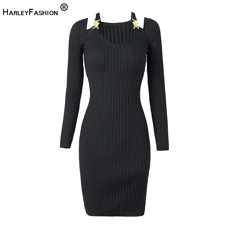 

New Fall Elegant Women Classic Design Sheath Style Black Skinny Strongly Stretchy Knitting Casual Dress Knee-Length