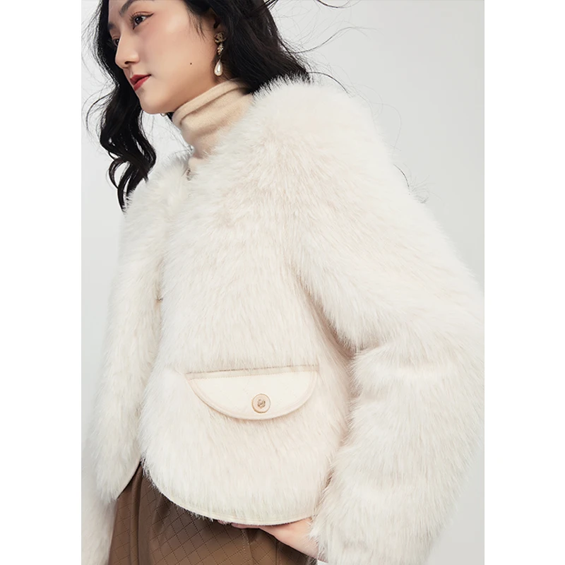 High Quality Crop Top Faux Fur  Faux Leather  Thick Warm Fur  High Street  Spliced  Single Breasted  High Waist  Abrigo Mujer