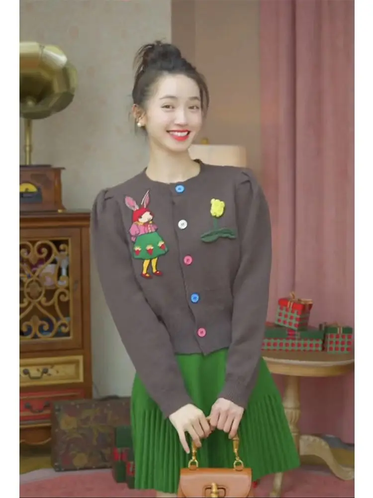 Осенний винтажный женский свитер кардиган с круглым вырезом повседневное