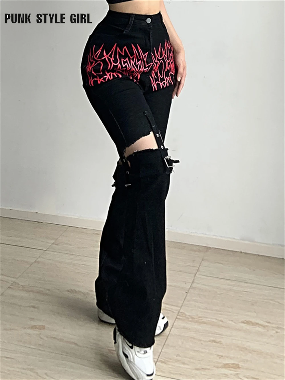 

Женские облегающие брюки Y2K в стиле панк, Готическая уличная одежда с вырезами и высокой талией, черные повседневные джинсовые брюки в стиле...