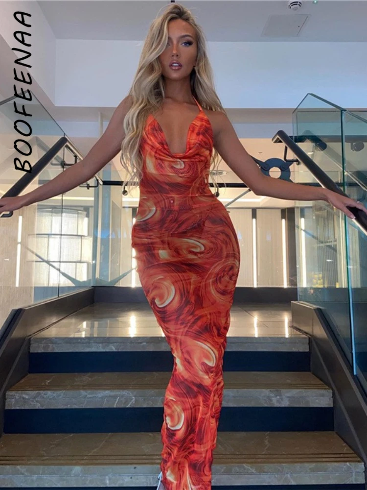 

BOOFEENAA сетчатые прозрачные длинные платья с открытой спиной и лямкой на шее для женщин сексуальное прозрачное вечернее платье для ночного кл...