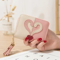 womens wallet cute student tassel pendant short wallet simple zipper small heart pu wallet coin purse ladies card bag for women