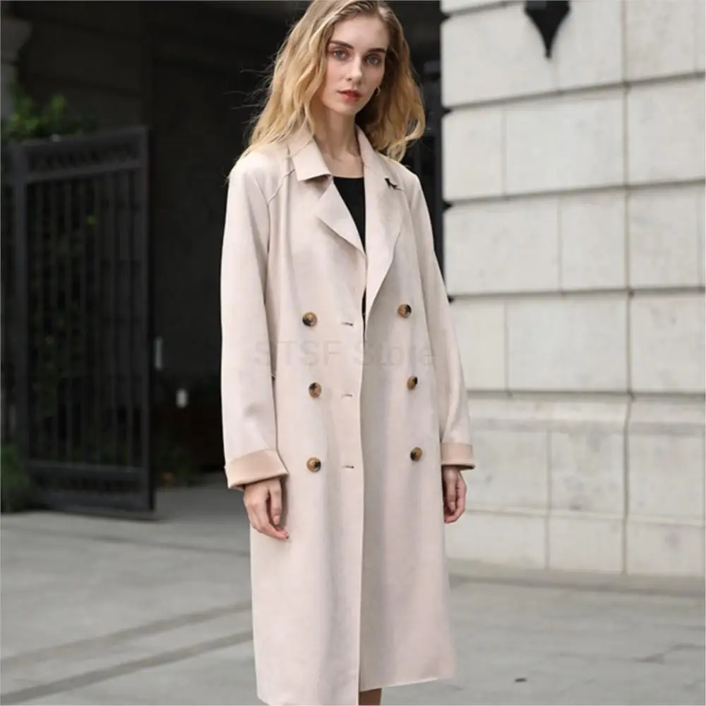 Women Winter Double Breasted Trench Real Leather Coat Long Lapel Belted Jacket Leisure Designer Thermal Pure Color Windbreake